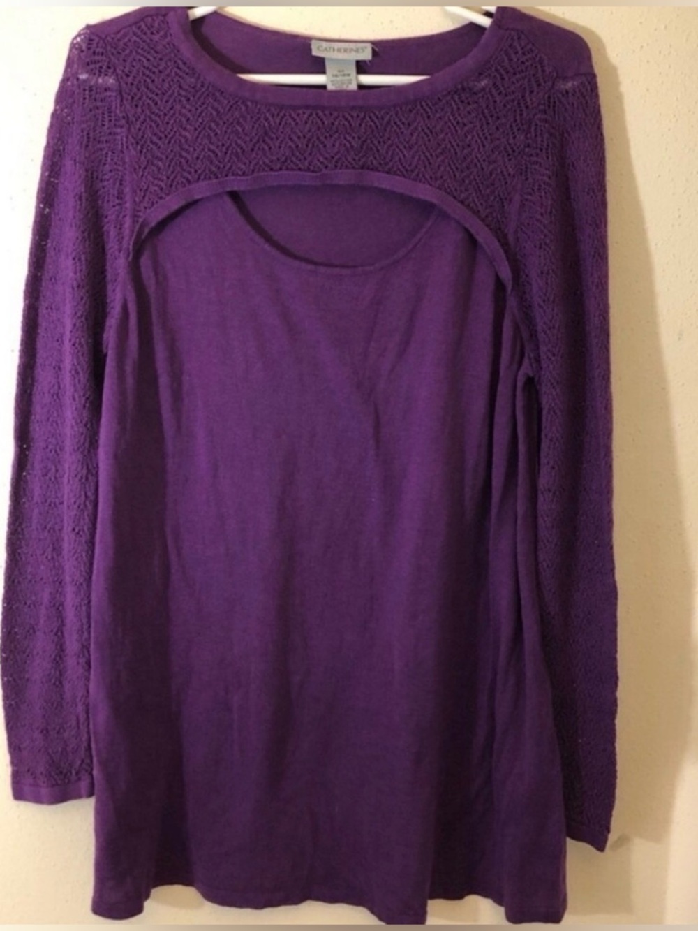 Catherines Women’s purple long-sleeve top cut-out textured lace sleeves Size OX